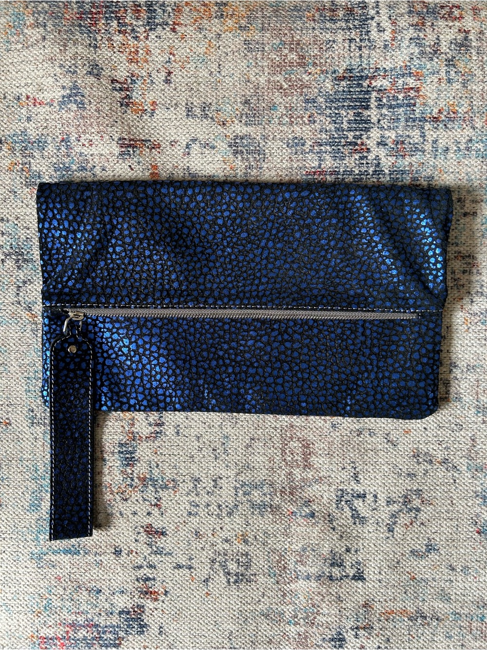 Vittoria Napoli Blue Metallic Zip Wristlet Clutch Lined Pockets Silver Hardware - Picture 1 of 10